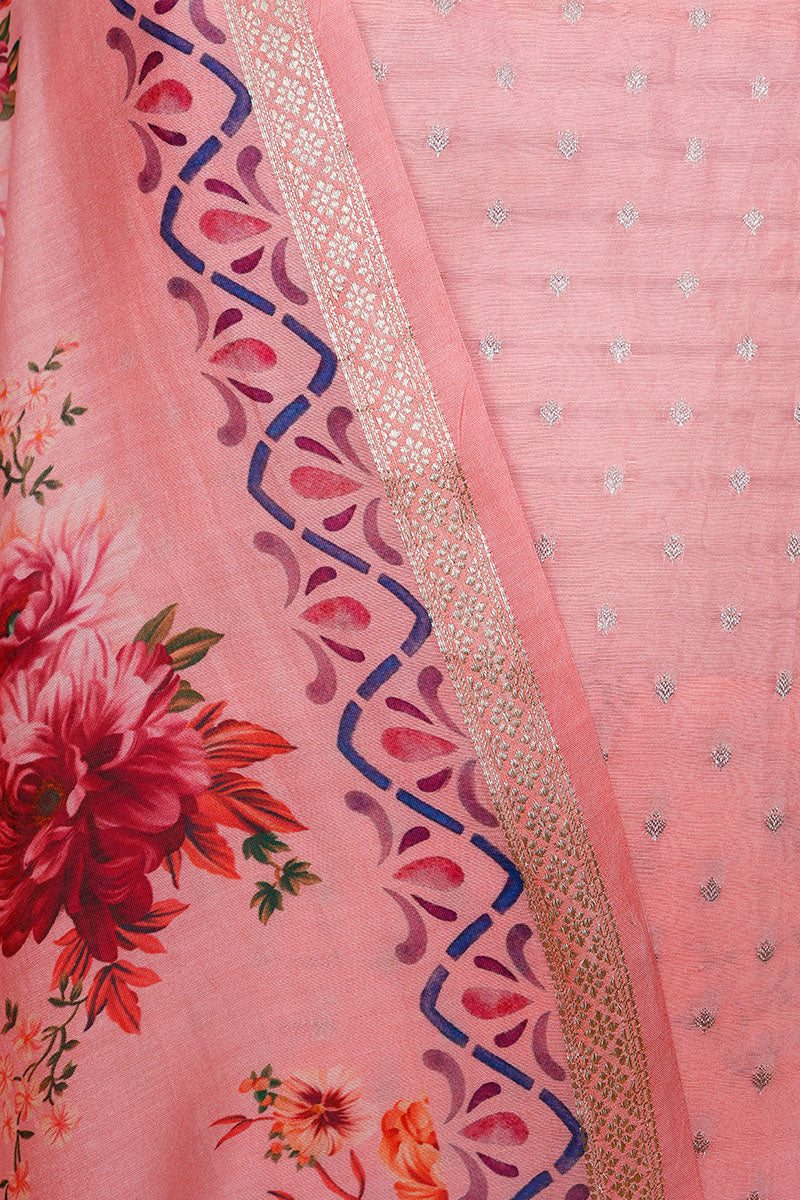 Peach Digiital Printed Chanderi Silk Dress Material