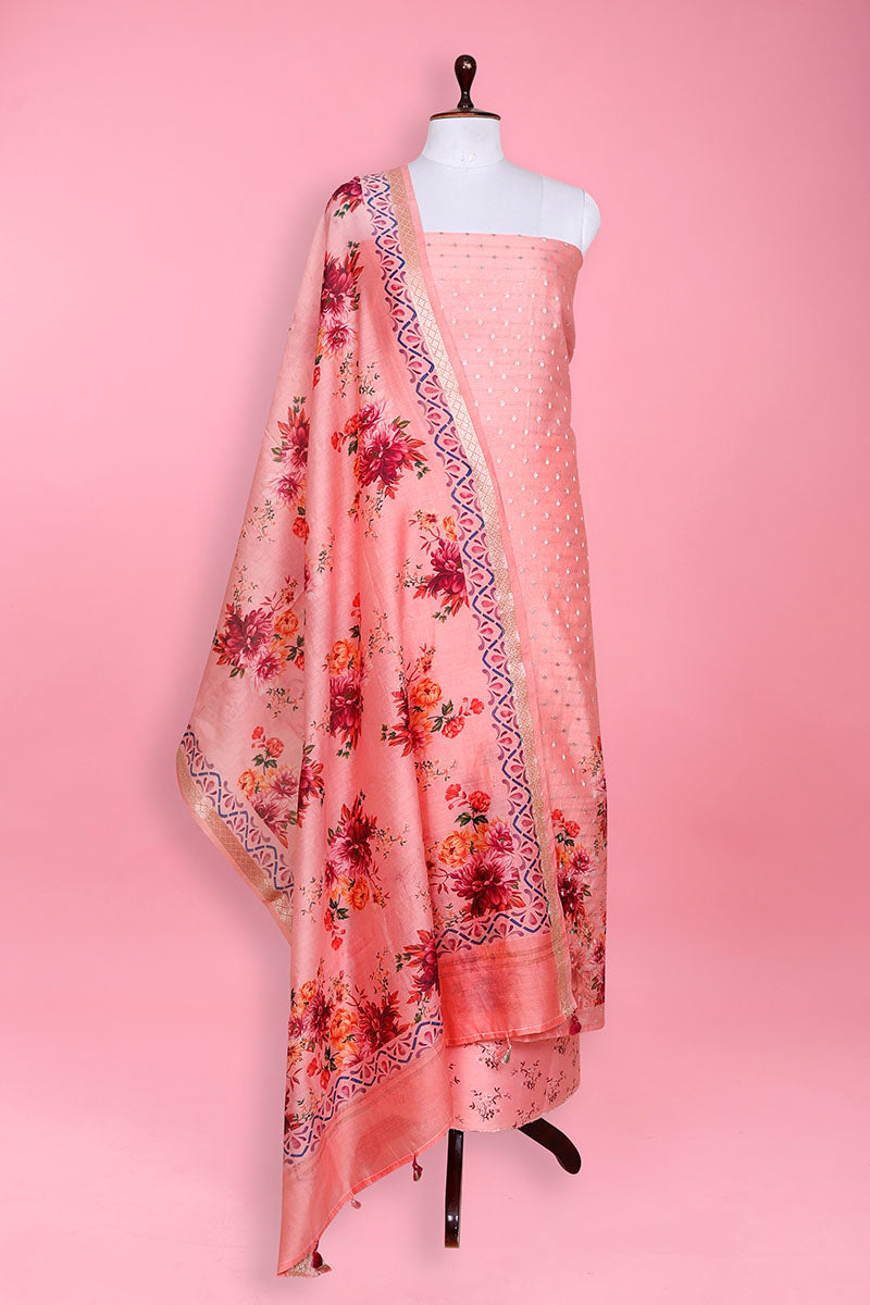 Peach Digiital Printed Chanderi Silk Dress Material