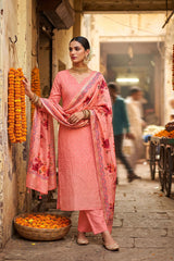 Peach Digital Printed Chanderi Silk Dress Material