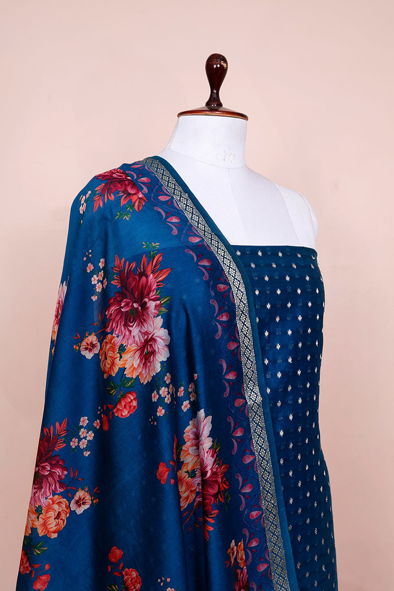 Cobalt Blue Digital Printed Chanderi Silk Dress Material - Chinaya Banaras