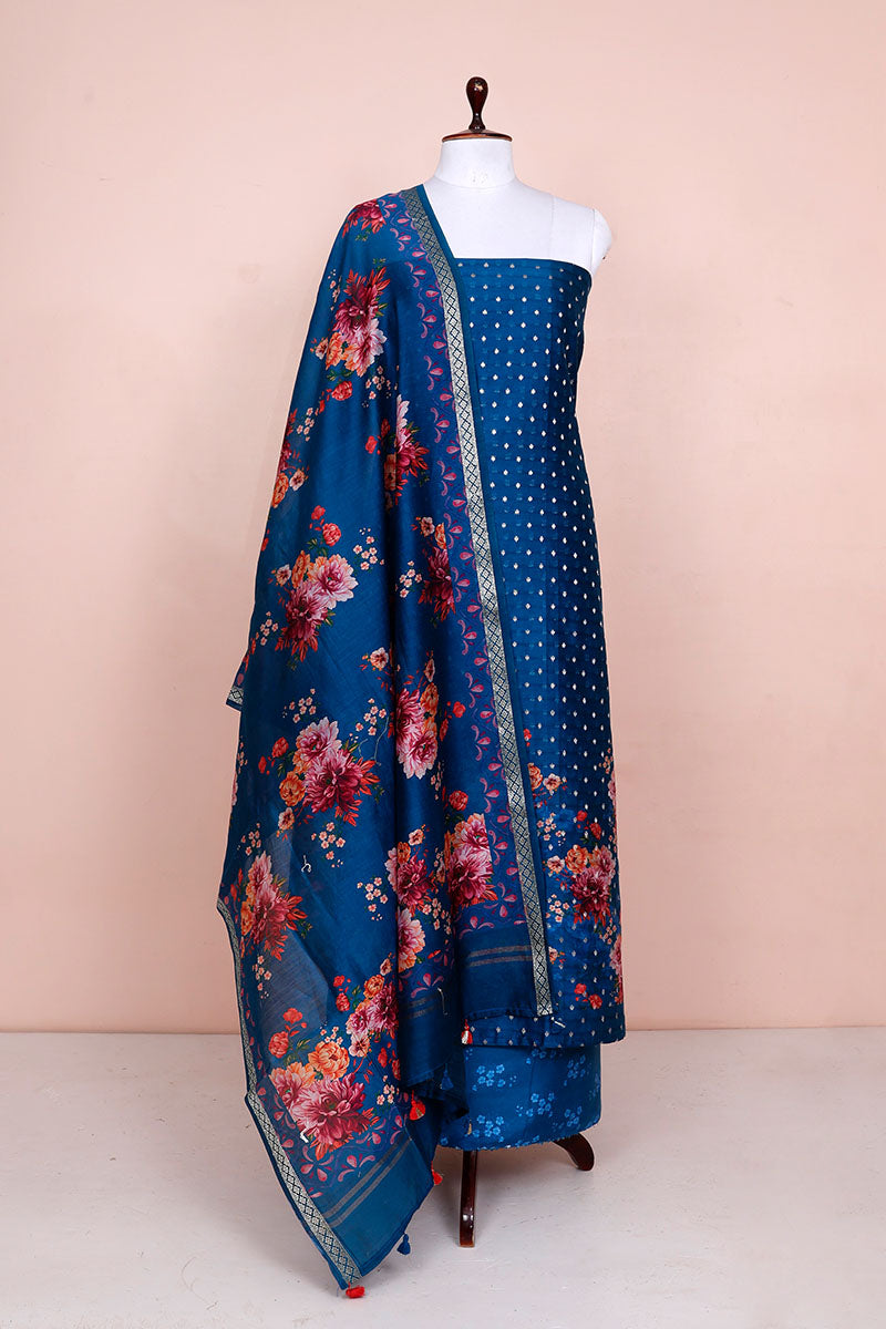 Cobalt Blue Digital Printed Chanderi Silk Dress Material - Chinaya Banaras