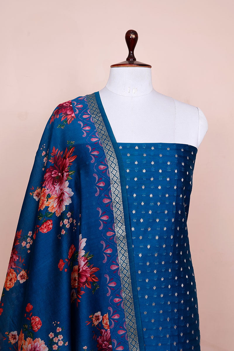 Cobalt Blue Digital Printed Chanderi Silk Dress Material - Chinaya Banaras