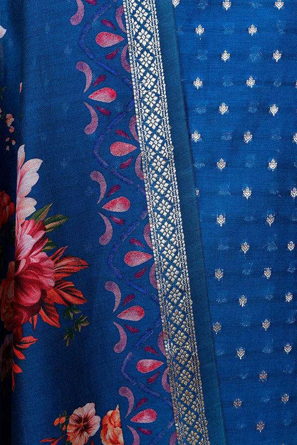 Cobalt Blue Digital Printed Chanderi Silk Dress Material - Chinaya Banaras