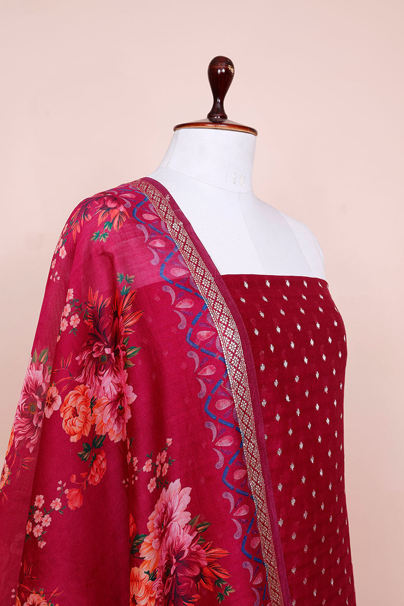 Magenta Pink Digital Printed Chanderi Silk Dress Material - Chinaya Banaras