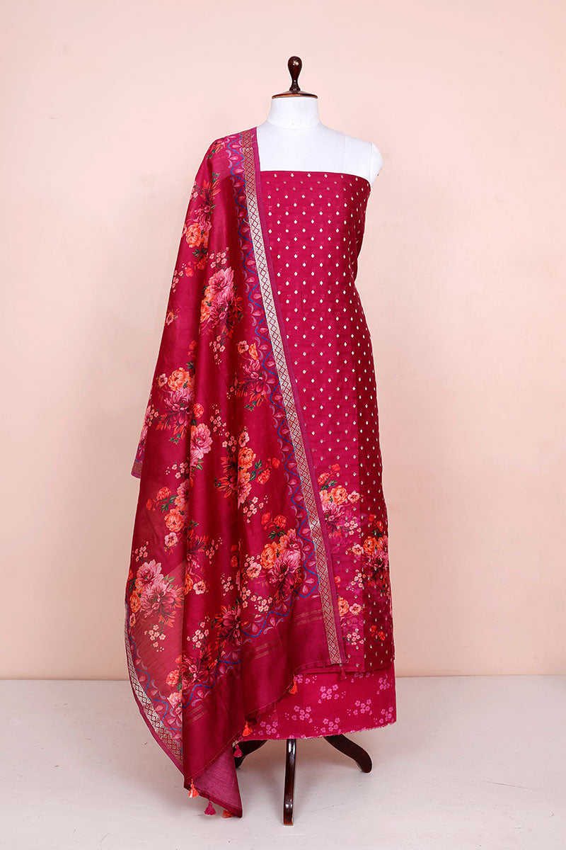 Magenta Pink Digital Printed Chanderi Silk Dress Material - Chinaya Banaras