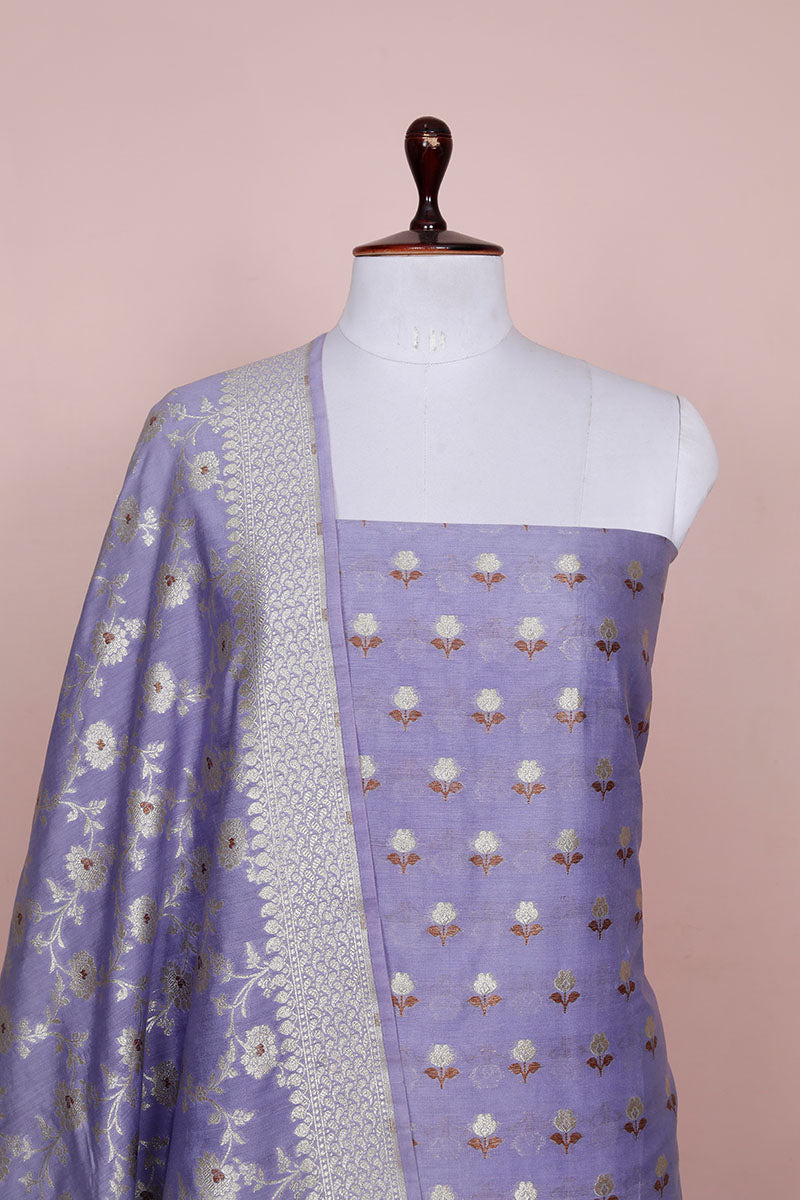 Lilac Purple Woven Mulberry Silk Dress Material - Chinaya Banaras