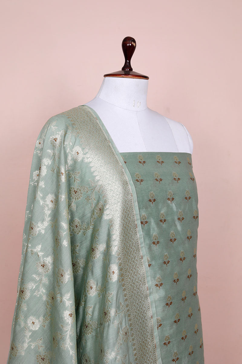 Sage Green Woven Mulberry Silk Dress Material - Chinaya Banaras