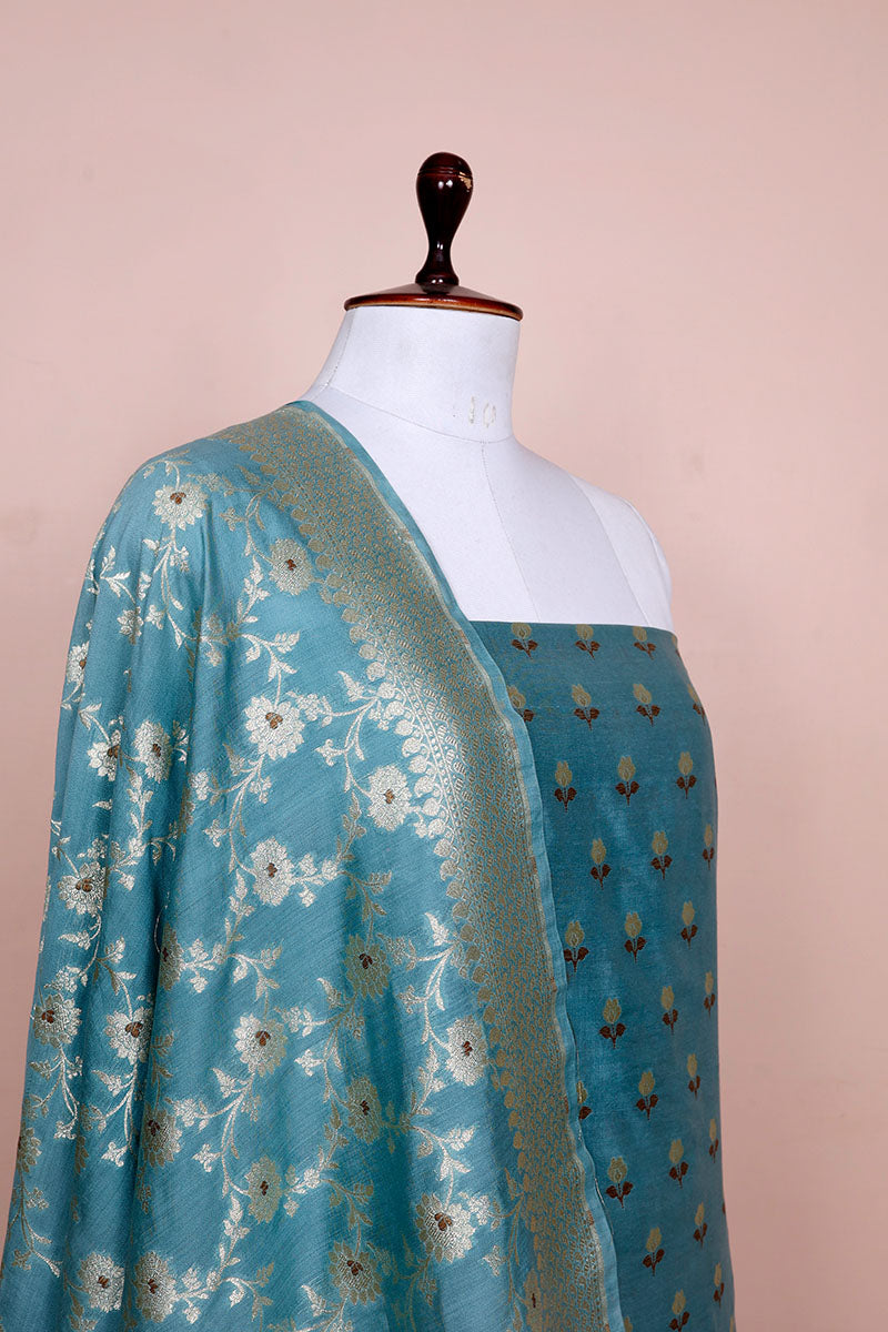 Water Blue Woven Mulberry Silk Dress Material