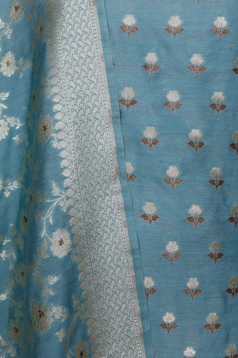 Water Blue Woven Mulberry Silk Dress Material
