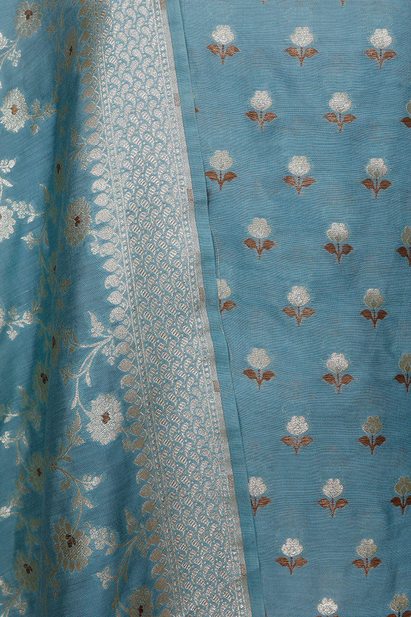 Water Blue Woven Mulberry Silk Dress Material - Chinaya Banaras