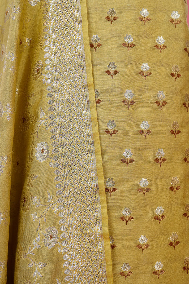 Light Yellow Woven Mulberry Silk Dress Material - Chinaya Banaras