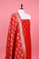 Bright Red Woven Mulberry Silk Dress Material - Chinaya Banaras