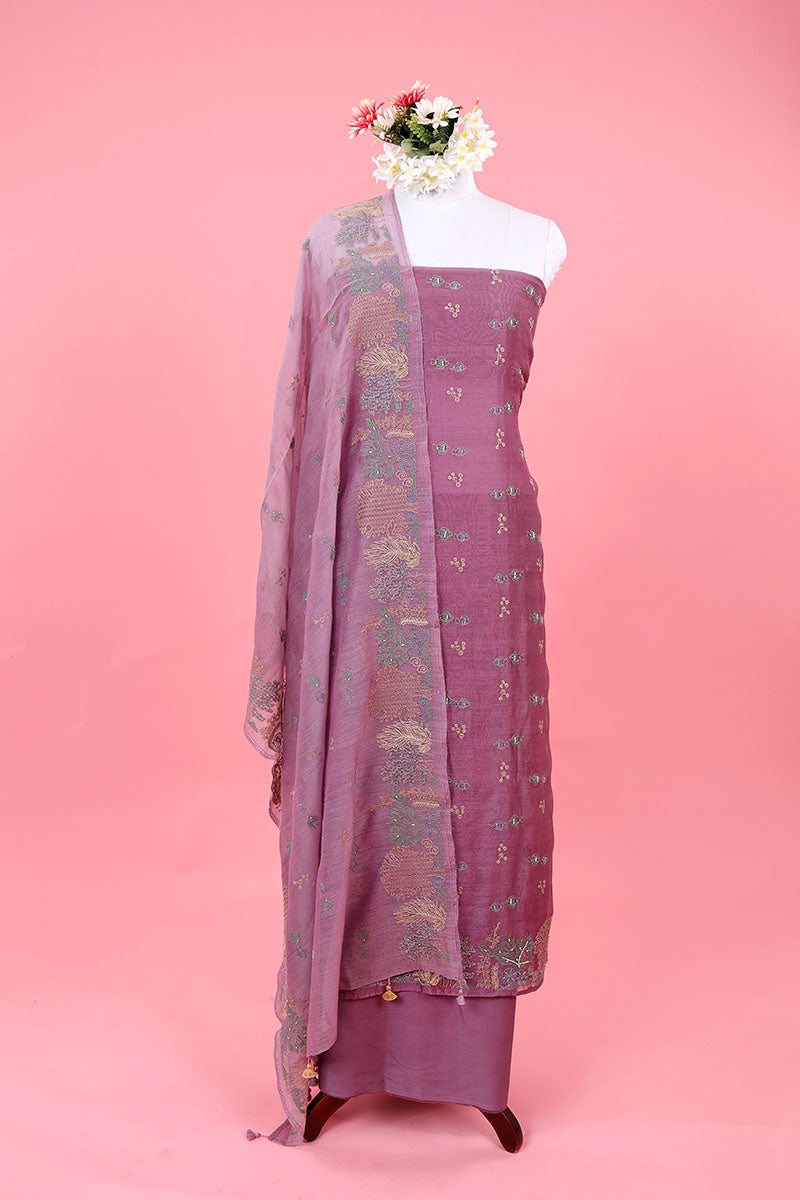 Purple Embroidered Soot Cotton Suit Set At Chinaya Banaras