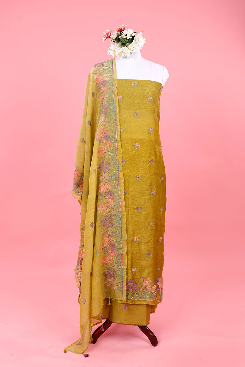 Green Embroidered Soot Cotton Suit Set At Chinaya Banaras