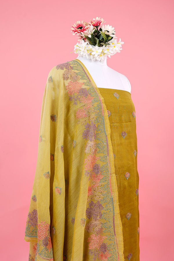 Henna Green Embroidered Soot Cotton Dress Material - Chinaya Banaras