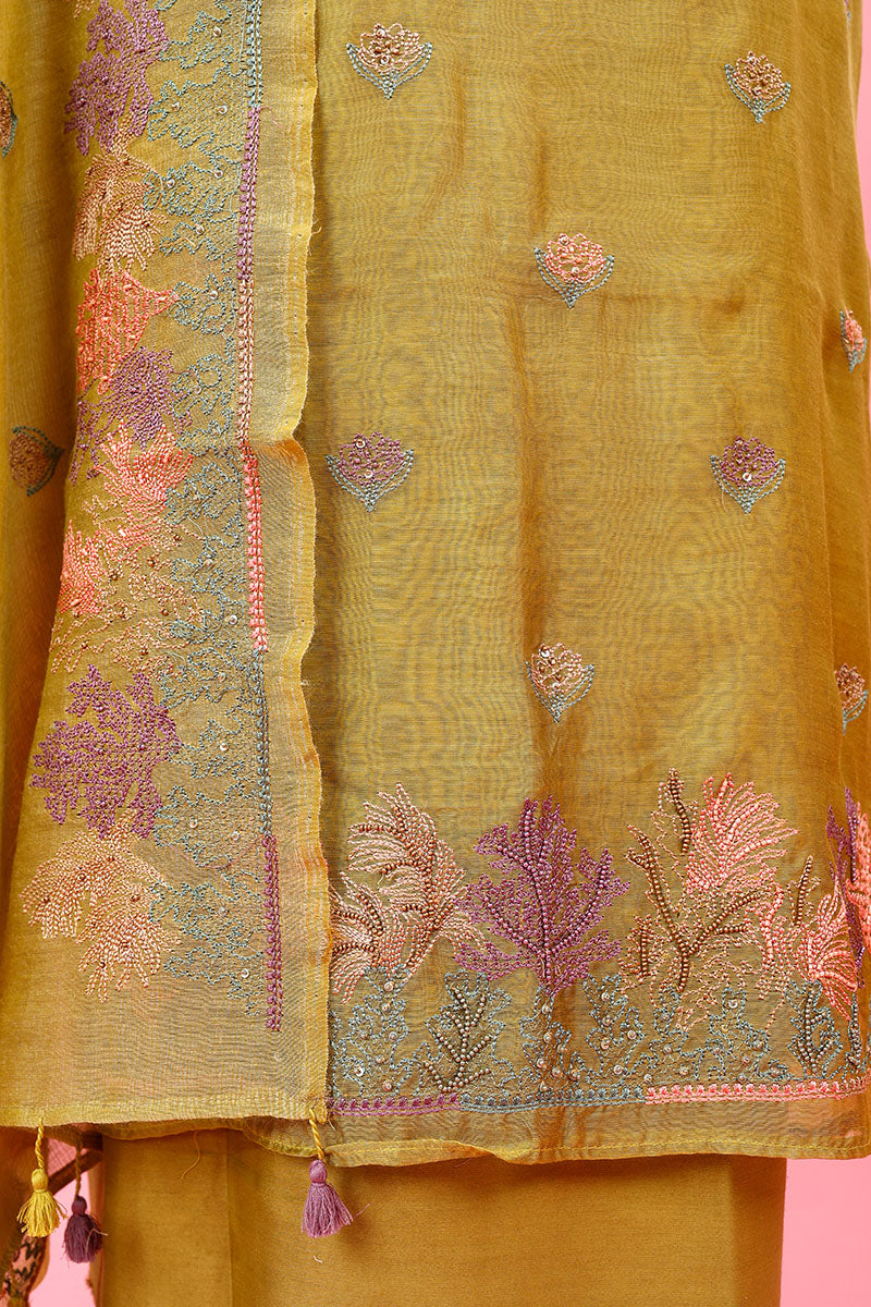 Henna Green Embroidered Soot Cotton Dress Material - Chinaya Banaras