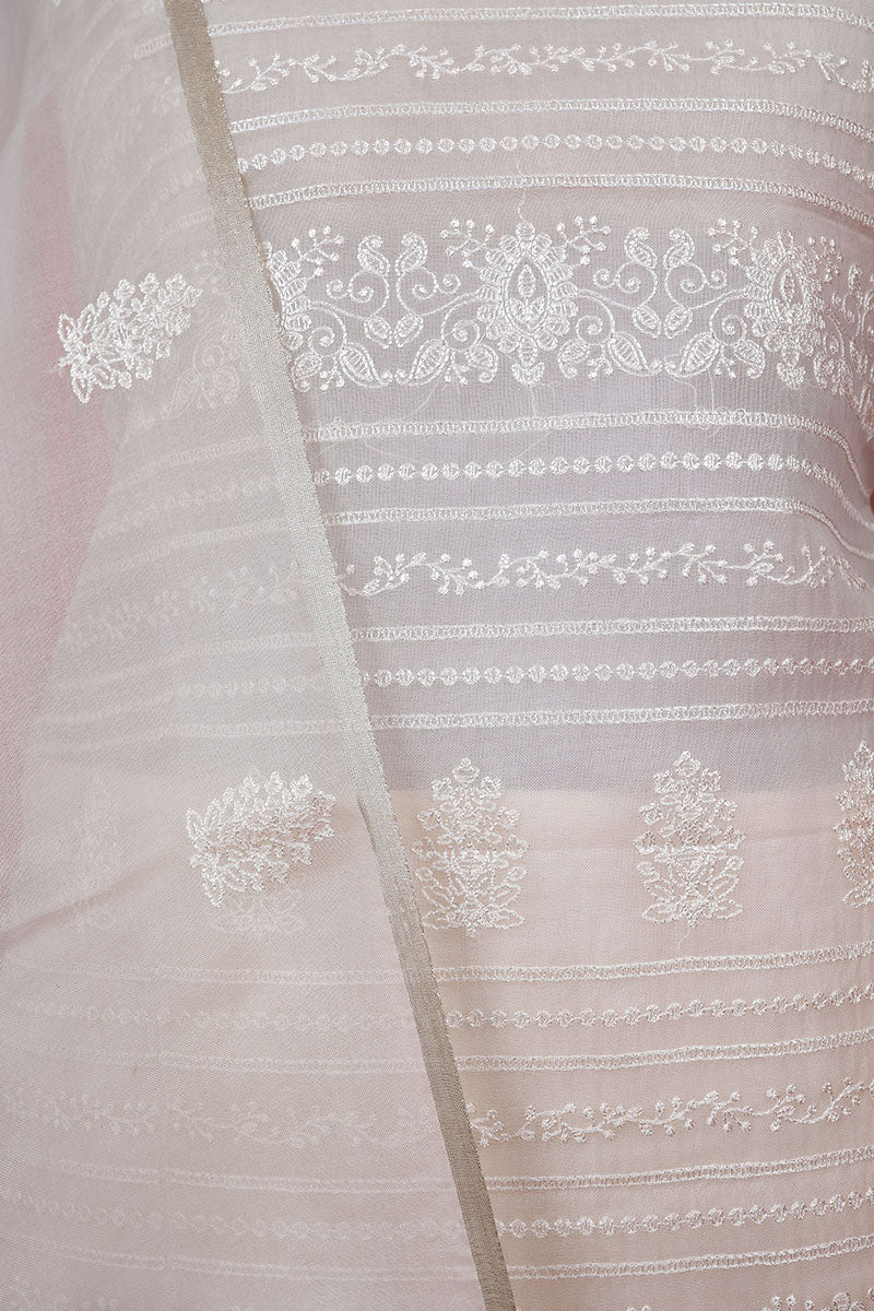 White & Brown Embroidered Organza Silk Dress Material - Chinaya Banaras