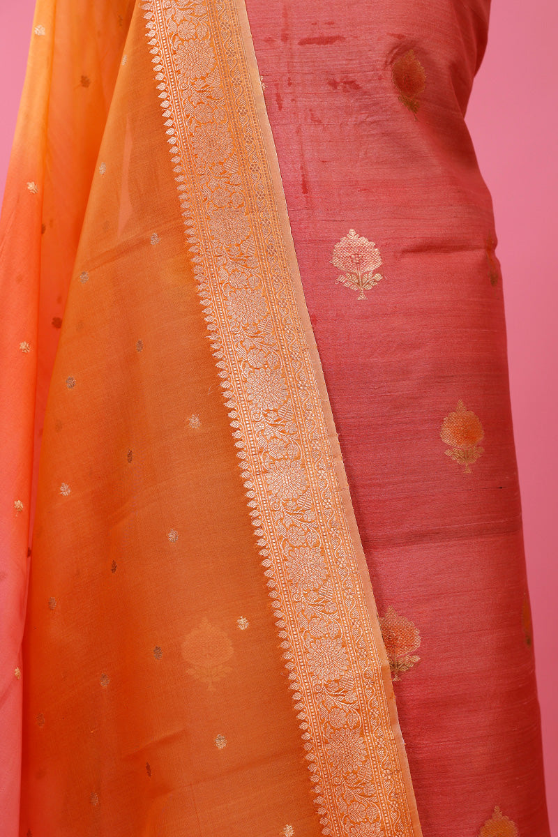 Rust Peach Handwoven Tussar Silk Dress Material - Chinaya Banaras