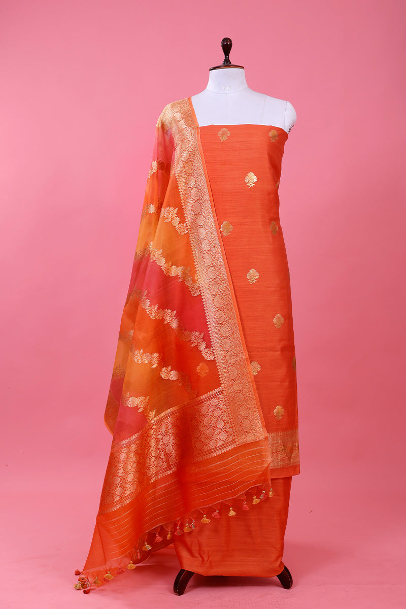 Peach Rangkat Handwoven Chiniya Silk Dress Material By Chinaya  Banaras
