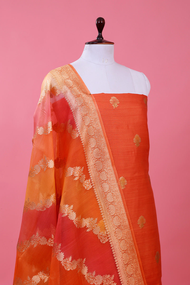Coral Peach Rangkat Handwoven Chiniya Silk Dress Material - Chinaya Banaras