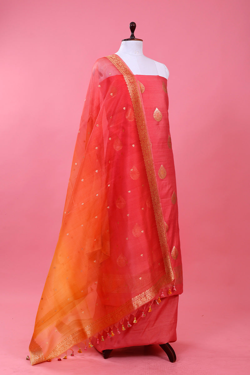 Blush Pink Handwoven Chiniya Silk Dress Material - Chinaya Banaras