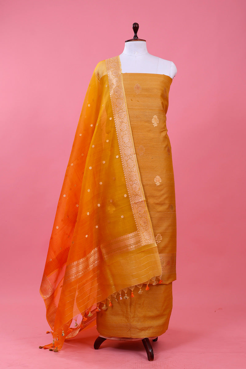Yellow Handwoven Tussar Silk Dress Material By Chinaya Banaras
