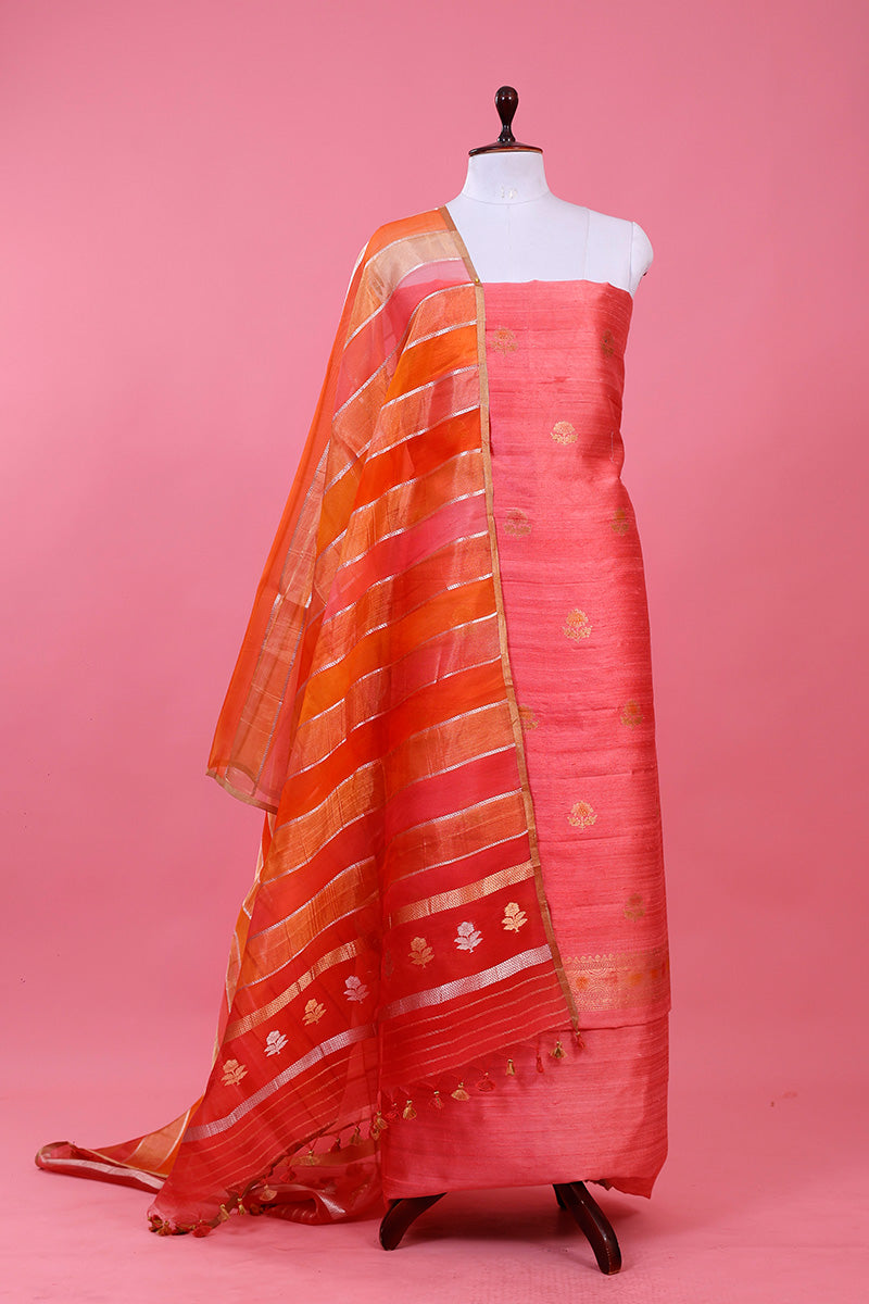 Pink Rangkat Handwoven Raw Silk Dress Material By Chinaya Banaras