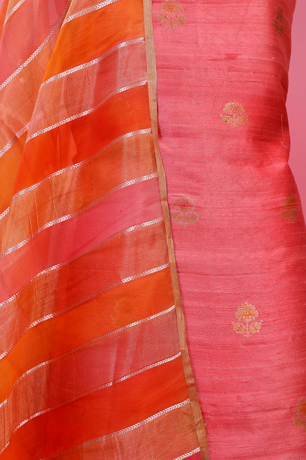Pastel Pink Rangkat Handwoven Raw Silk Dress Material - Chinaya Banaras