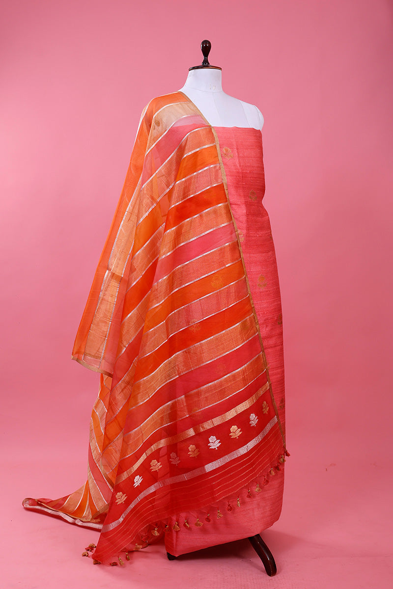 Pastel Pink Rangkat Handwoven Raw Silk Dress Material - Chinaya Banaras