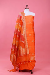 Peach Rangkat Handwoven Raw Silk Dress Material By Chinaya Banaras