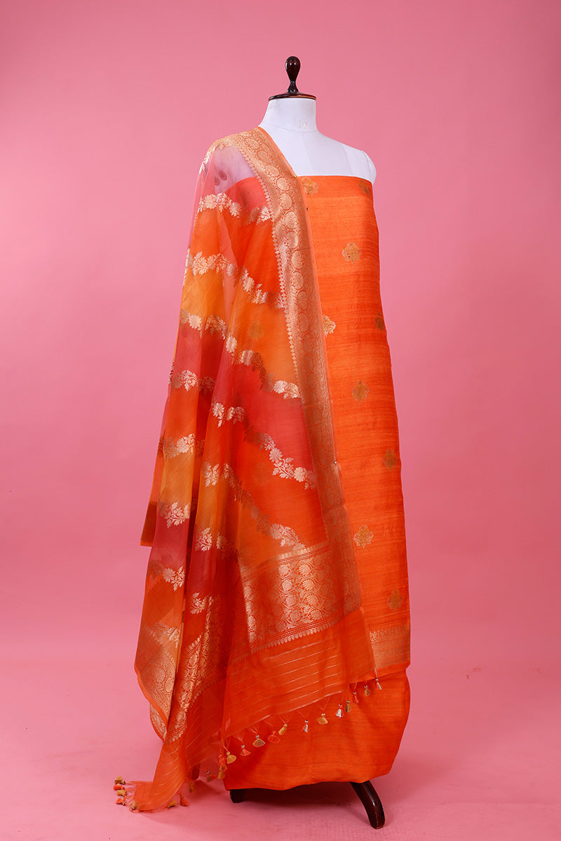 Peach Fuzz Rangkat Handwoven Raw Silk Dress Material - Chinaya Banaras