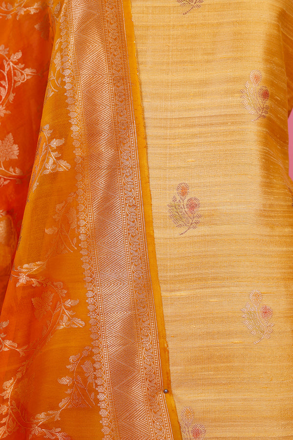 Butter Yellow Handwoven Raw Silk Dress Material - Chinaya Banaras
