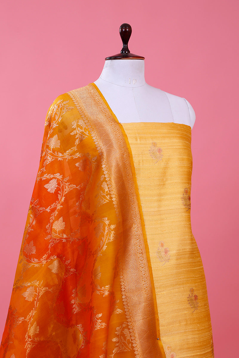 Butter Yellow Handwoven Raw Silk Dress Material - Chinaya Banaras