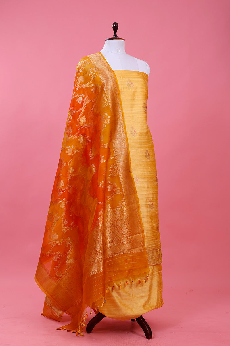 Butter Yellow Handwoven Raw Silk Dress Material Chinaya Banaras Butter Yellow Handwoven Raw Silk Dress Material Chinaya Banaras