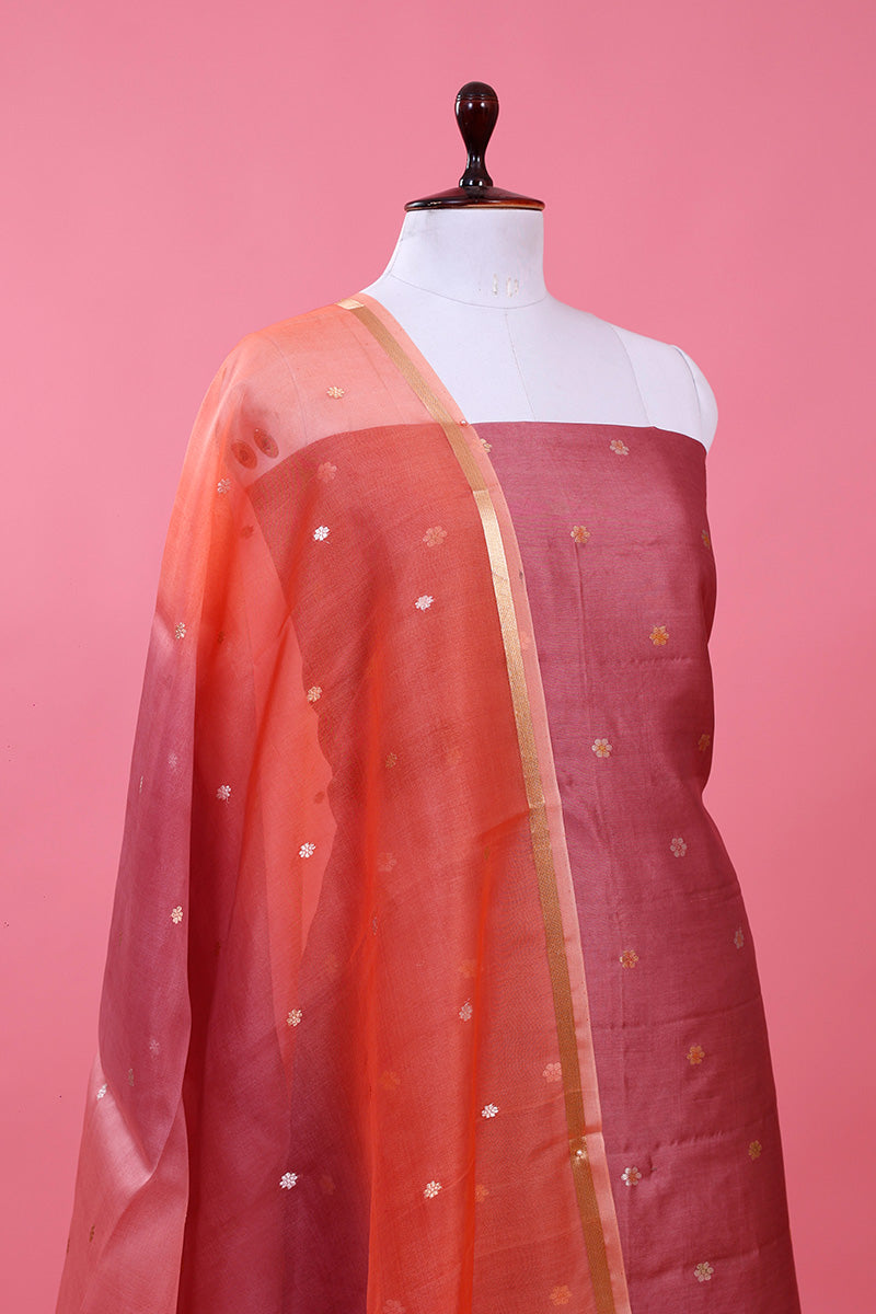 Dusty Mauve Ethnic Woven Banarasi Silk Dress Material - Chinaya Banaras
