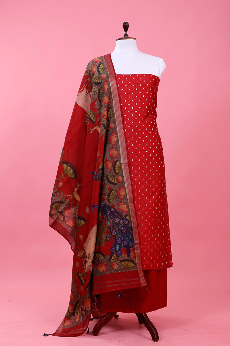 Maroon Pichwai Printed Chanderi Silk Dress Material By Chinaya Banaras