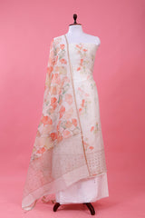 White Floral Printed Linen Dress Material By Chinaya Banaras