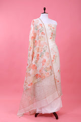 White Floral Printed Linen Dress Material - Chinaya Banaras