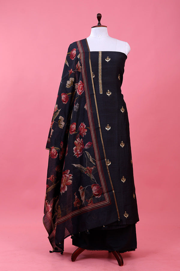 Black Embellished Silk Dress Material By Chinaya Banaras