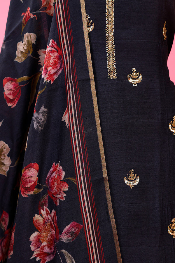Black Embellished Moonga Silk Dress Material - Chinaya Banaras