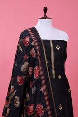 Black Embellished Moonga Silk Dress Material - Chinaya Banaras