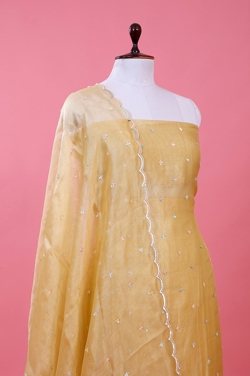 Light Yellow Embellished Tissue Silk Dress Material - Chinaya Banaras