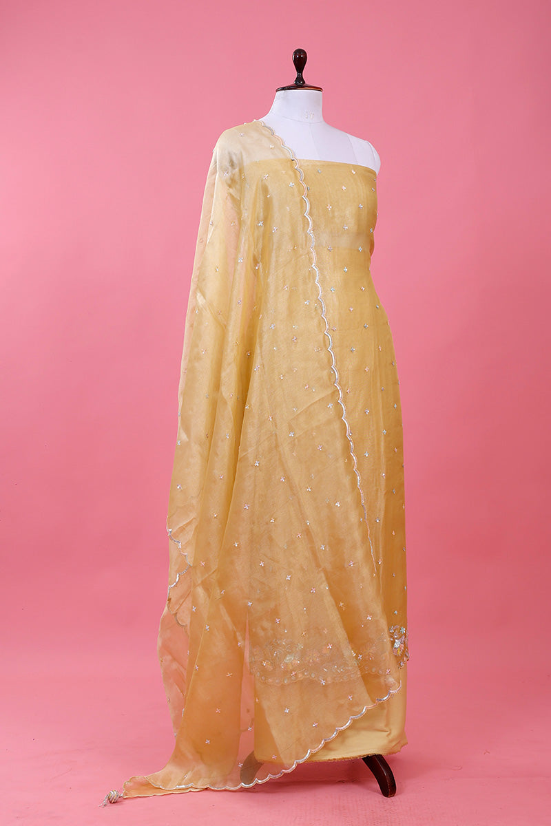 Light Yellow Embellished Tissue Silk Dress Material - Chinaya Banaras