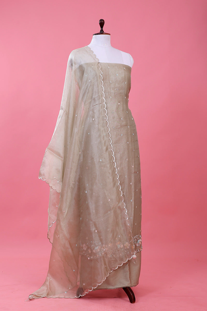 Grey Embellished Tissue Silk Dress Material - Chinaya Banaras