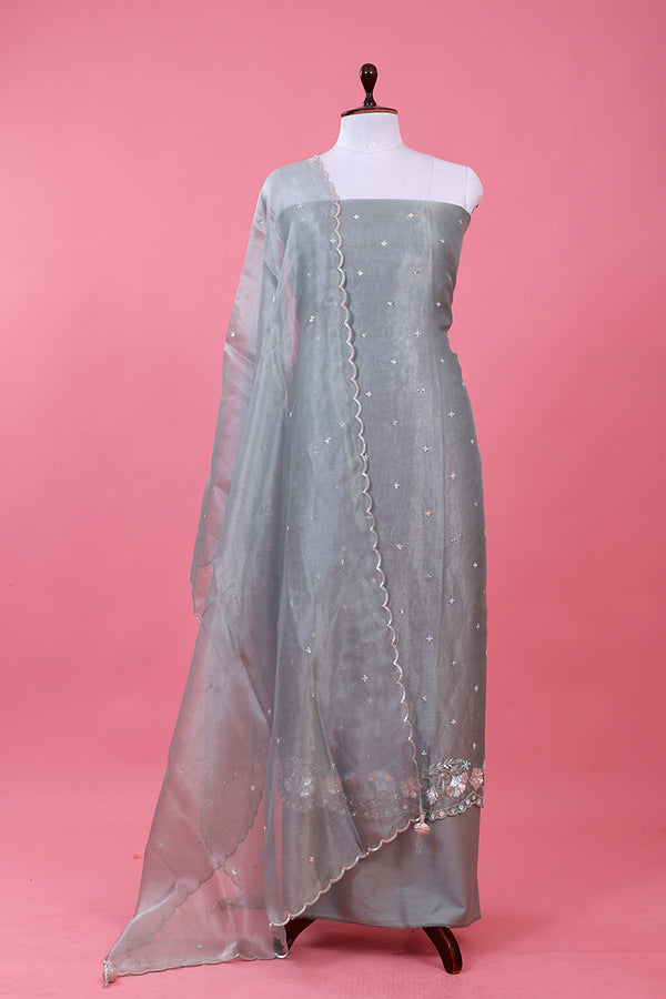 Silver Grey Embellished Tissue Silk Dress Material By Chinaya Banaras