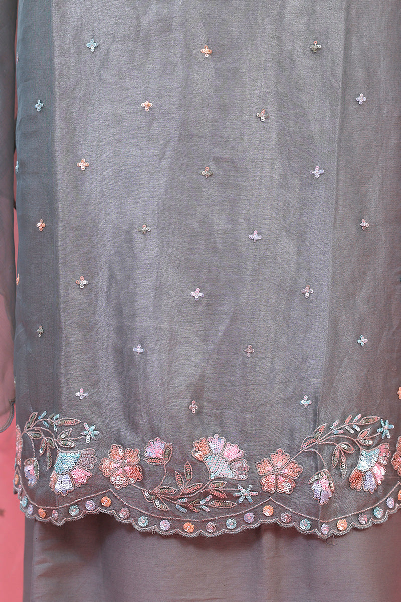 Silver Grey Embellished Tissue Silk Dress Material - Chinaya Banaras
