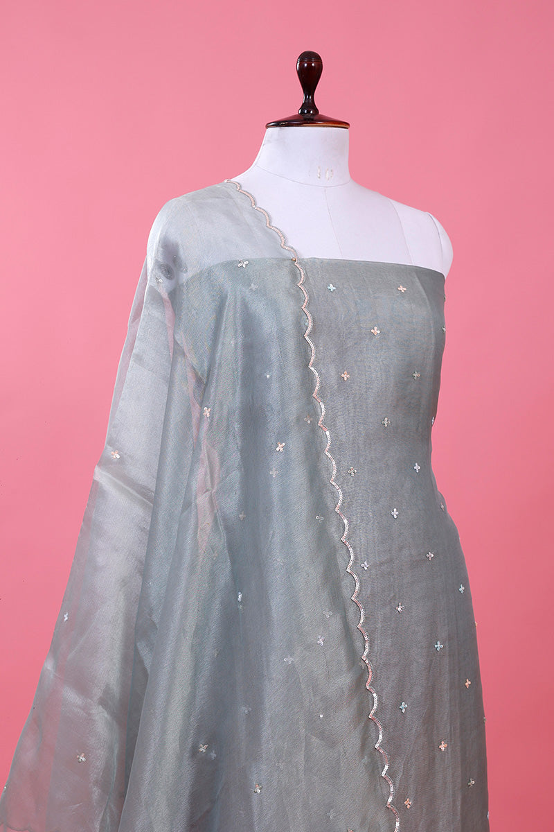 Silver Grey Embellished Tissue Silk Dress Material - Chinaya Banaras