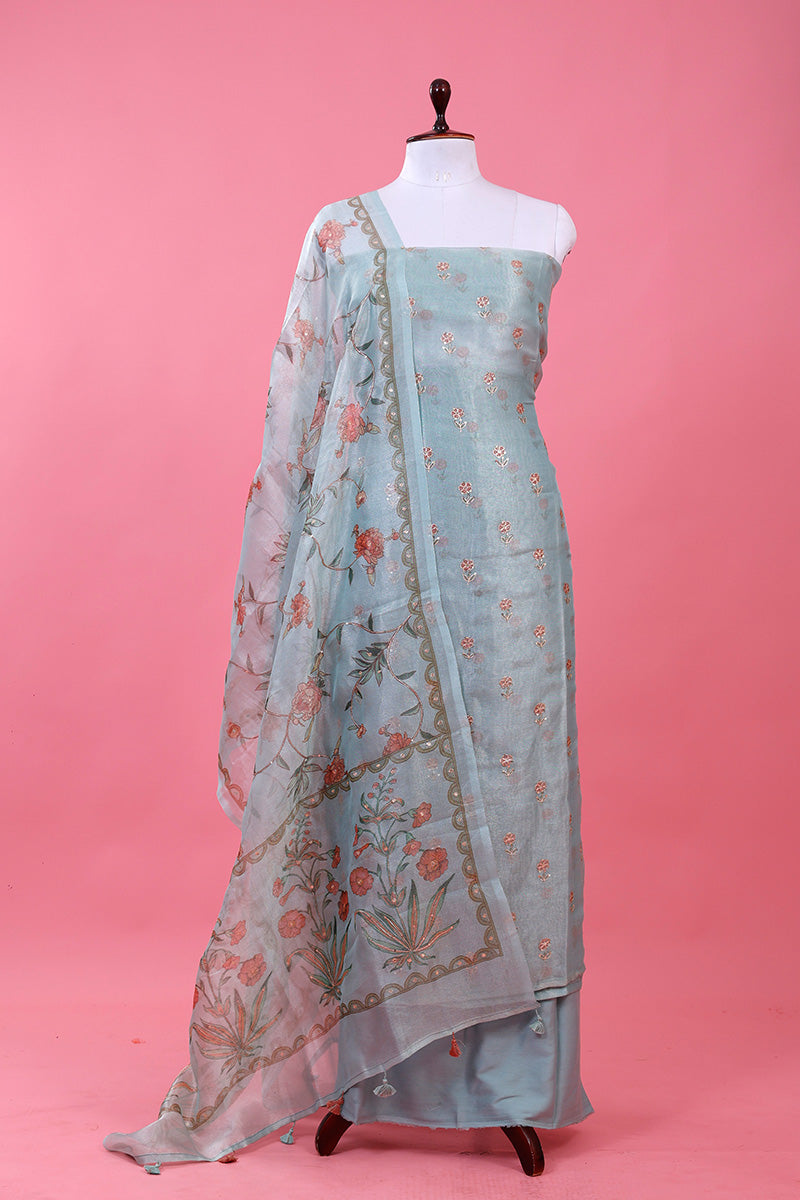 Light Blue Embellished Tissue Silk Dress Material By Chinaya Banaras