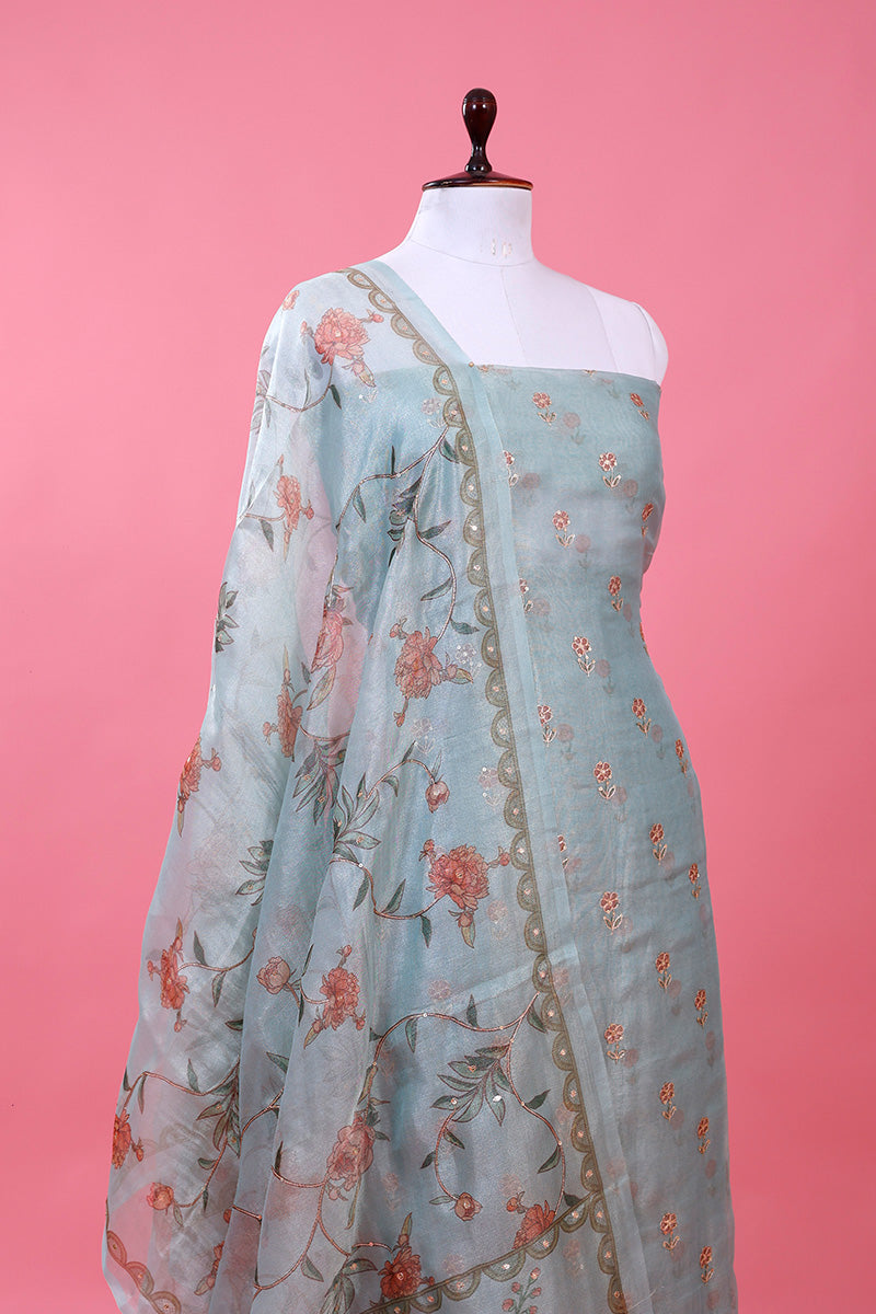 Light Blue Embellished Tissue Silk Dress Material - Chinaya Banaras