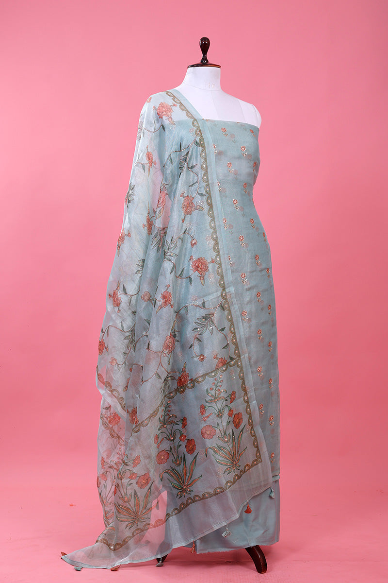 Light Blue Embellished Tissue Silk Dress Material - Chinaya Banaras